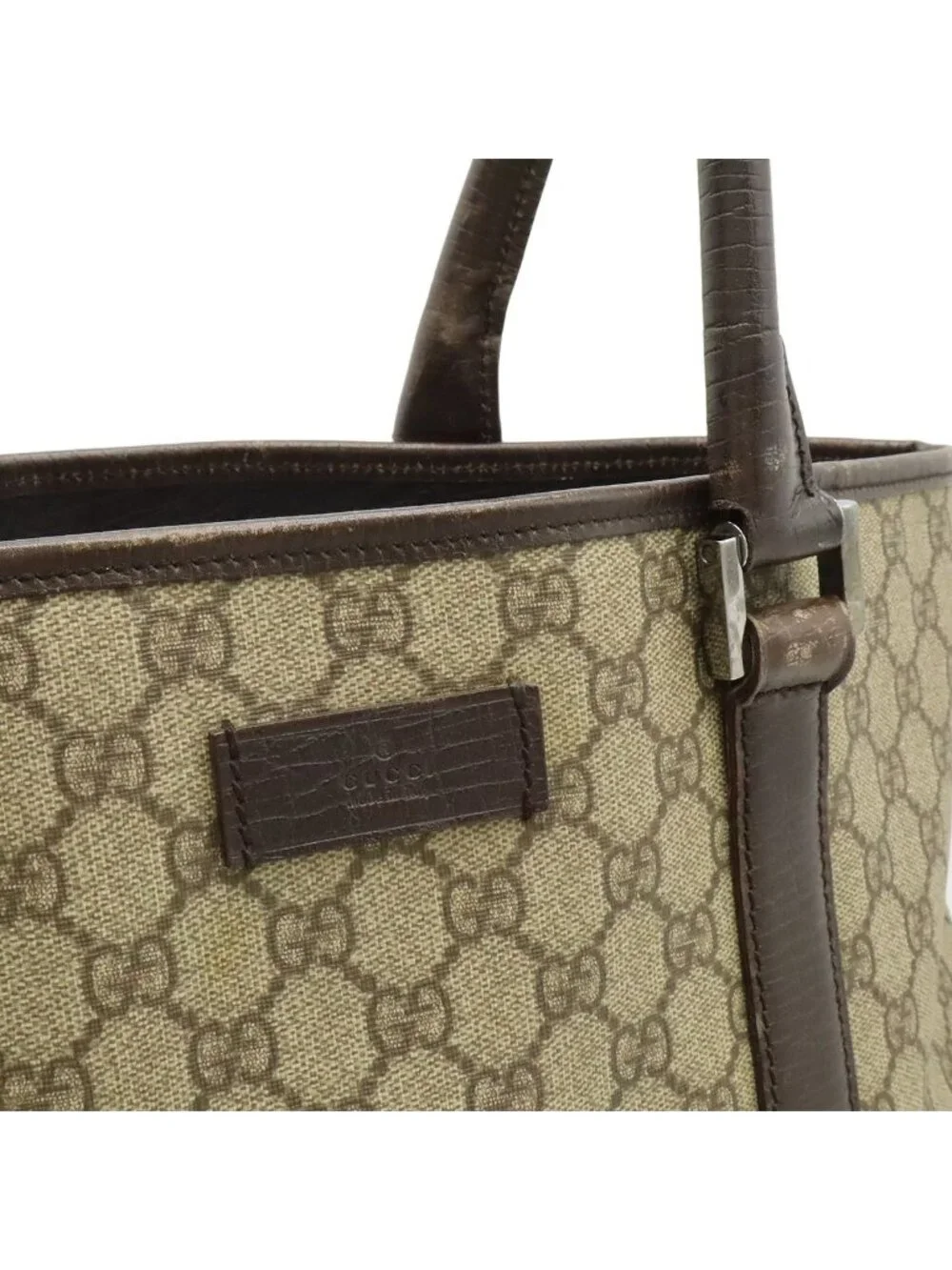 Gucci GG Supreme Plus Tote Large Shoulder Bag Leather Khaki Beige Dark Brown - Picture 7 of 8